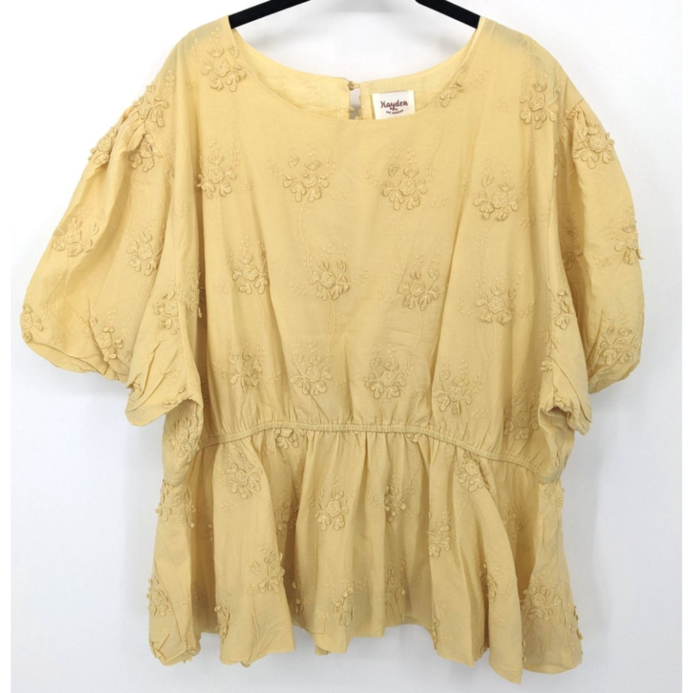 Hayden Los Angeles Blouse 3XL Butter Yellow Embroidered Peplum Puff Sleeve‎ Boho